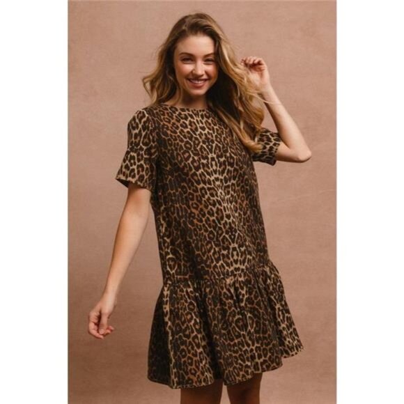 BiBi Tie Back Leopard Round Neck Short Sleeve Dress - Picture 3 of 7